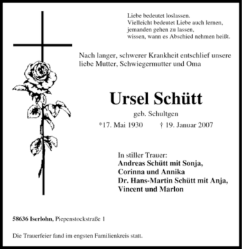 Traueranzeige von Ursel Schütt von Tageszeitung