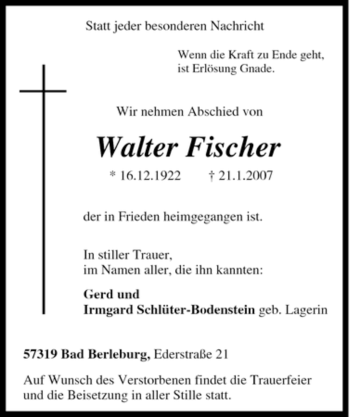 Traueranzeige von Walter Fischer von Tageszeitung
