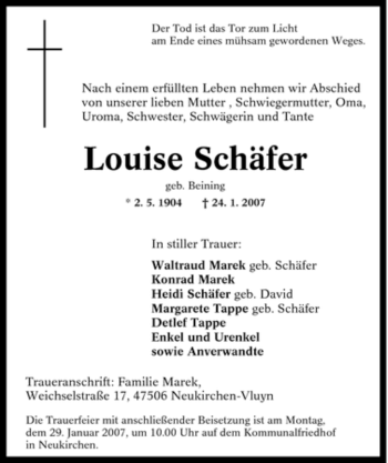 Traueranzeige von Louise Schäfer von Tageszeitung