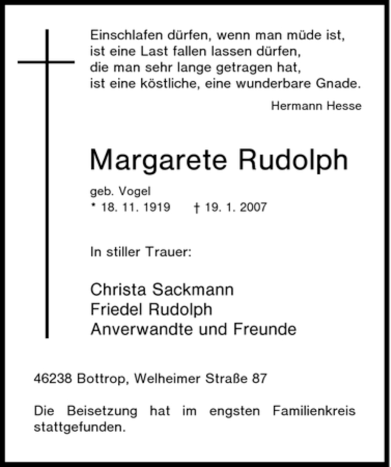  Traueranzeige für Margarete Rudolph vom 27.01.2007 aus Tageszeitung