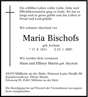 Traueranzeige von Maria Bischofs von Tageszeitung