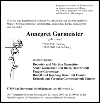 Traueranzeige von Annegret Garmeister von Tageszeitung