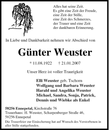 Traueranzeige von Günter Weuster von Tageszeitung
