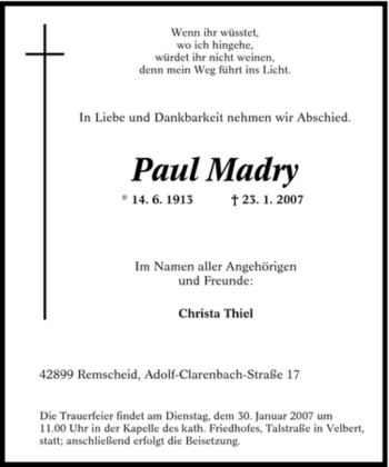 Traueranzeige von Paul Madry von Tageszeitung