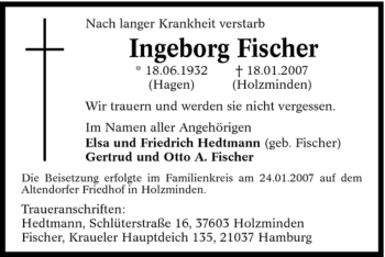 Traueranzeige von Ingeborg Fischer von Tageszeitung
