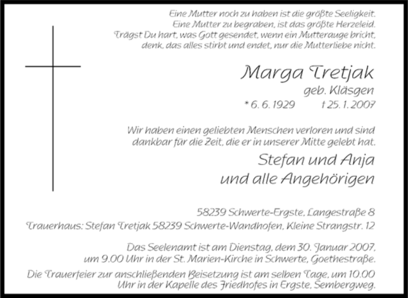  Traueranzeige für Marga Tretjak vom 27.01.2007 aus Tageszeitung