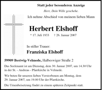 Traueranzeige von Herbert Elshoff von Tageszeitung