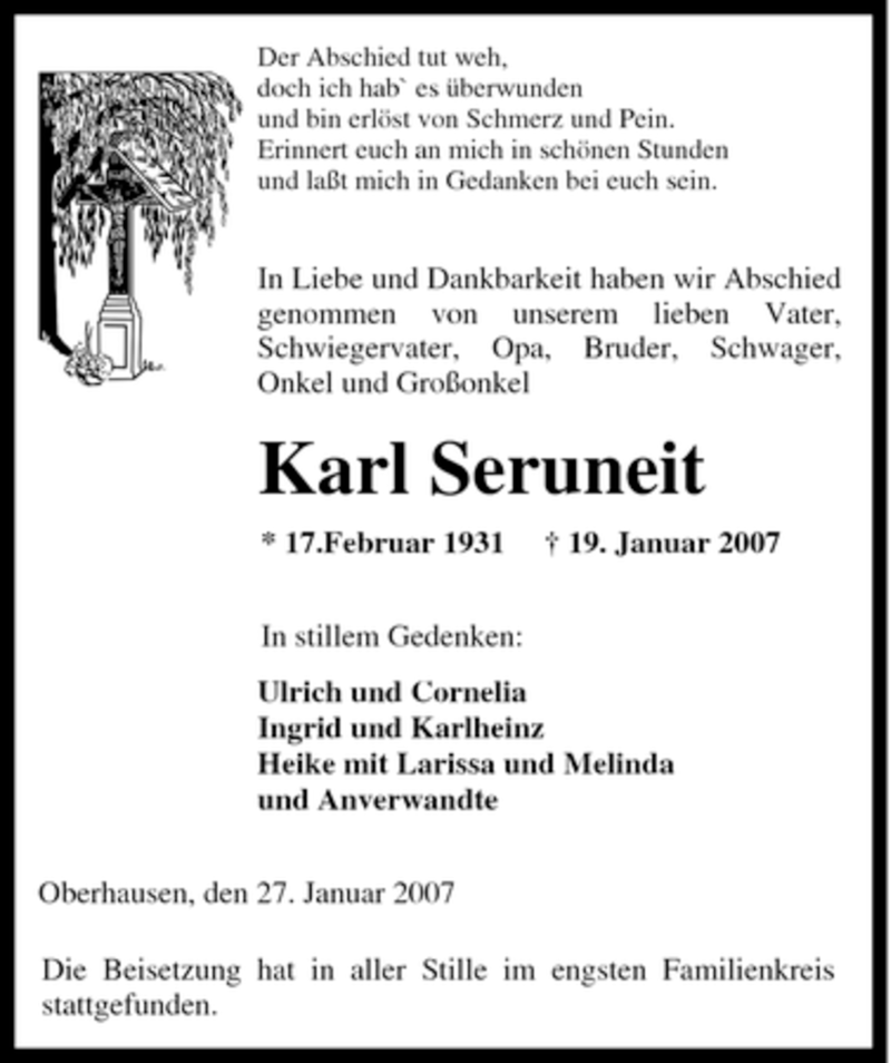  Traueranzeige für Karl Seruneit vom 27.01.2007 aus Tageszeitung