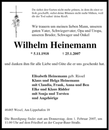 Traueranzeige von Wilhelm Heinemann von Tageszeitung