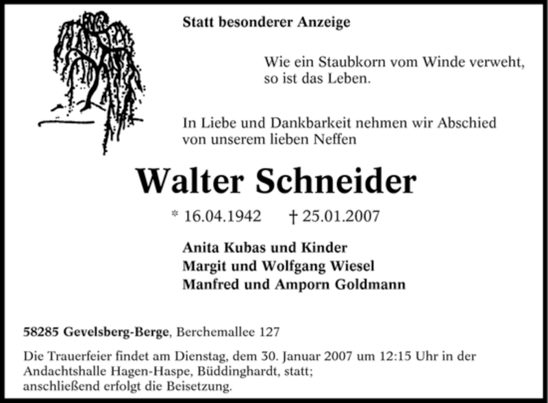  Traueranzeige für Walter Schneider vom 27.01.2007 aus Tageszeitung