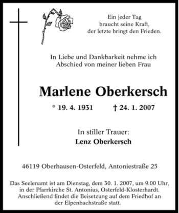 Traueranzeige von Marlene Oberkersch von Tageszeitung