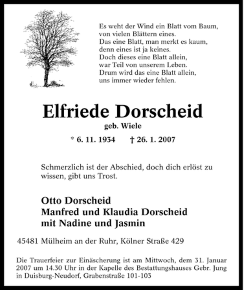  Traueranzeige für Elfriede Dorscheid vom 27.01.2007 aus Tageszeitung