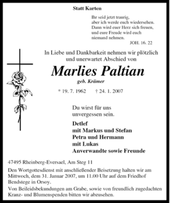 Traueranzeige von Marlies Paltian von Tageszeitung