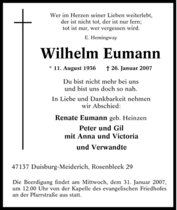 Traueranzeige von Wilhelm Eumann von Tageszeitung
