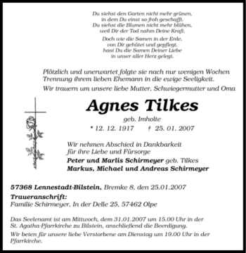 Traueranzeige von Agnes Tilkes von Tageszeitung