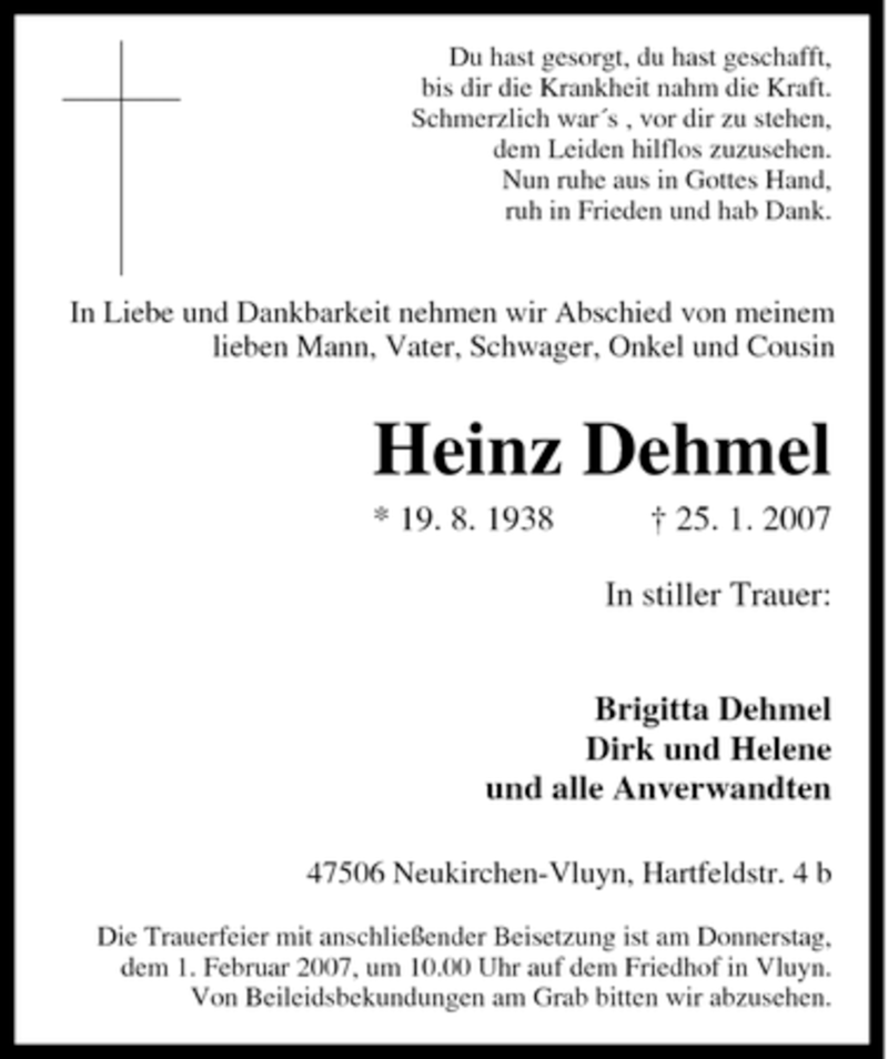  Traueranzeige für Heinz Dehmel vom 27.01.2007 aus Tageszeitung