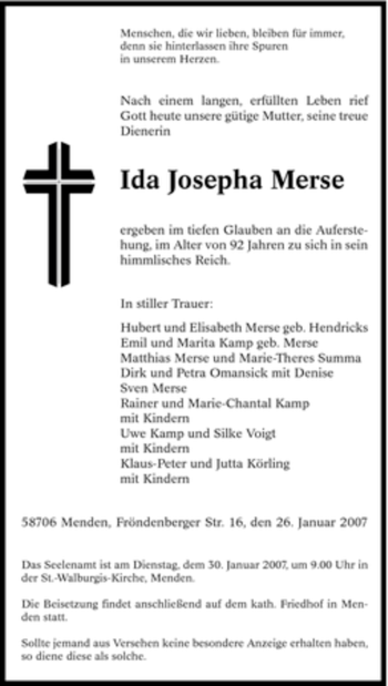 Traueranzeige von Ida Josepha Merse von Tageszeitung