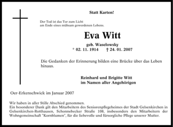 Traueranzeige von Eva Witt von Tageszeitung