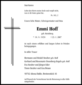 Traueranzeige von Emmi Hoff von Tageszeitung