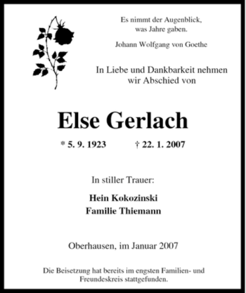 Traueranzeige von Else Gerlach von Tageszeitung