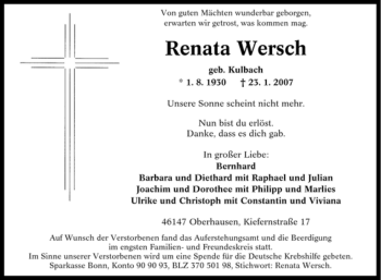 Traueranzeige von Renata Wersch von Tageszeitung
