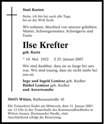 Traueranzeige von Ilse Krefter von Tageszeitung