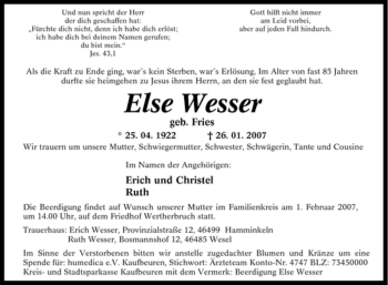 Traueranzeige von Else Wesser von Tageszeitung
