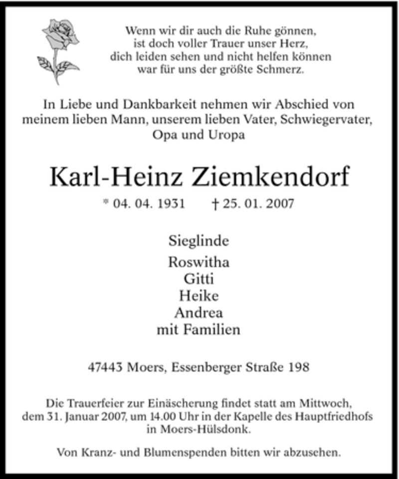  Traueranzeige für Karl-Heinz Ziemkendorf vom 29.01.2007 aus Tageszeitung