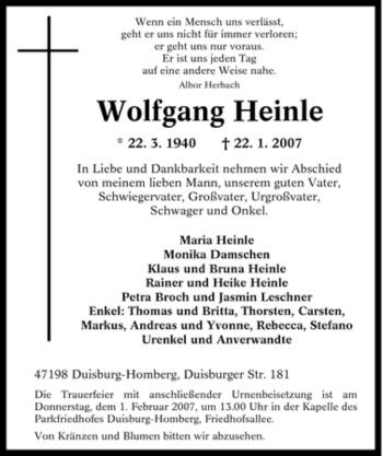 Traueranzeige von Wolfgang Heinle von Tageszeitung