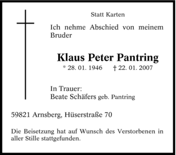 Traueranzeige von Klaus Peter Pantring von Tageszeitung