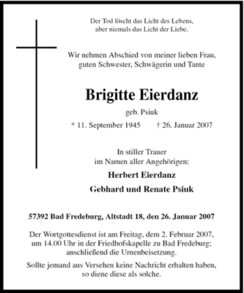Traueranzeige von Brigitte Eierdanz von Tageszeitung