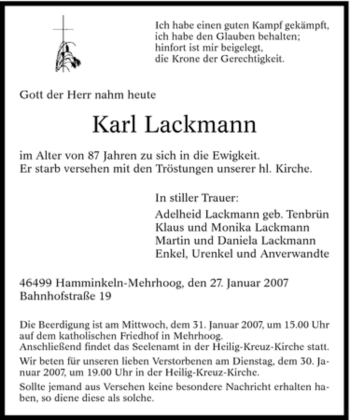 Traueranzeige von Karl Lackmann von Tageszeitung