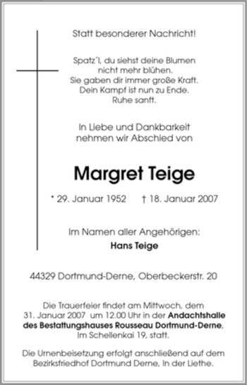 Traueranzeige von Margret Teige von Tageszeitung
