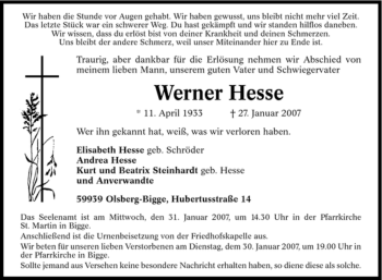 Traueranzeige von Werner Hesse von Tageszeitung