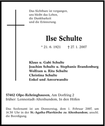 Traueranzeige von Ilse Schulte von Tageszeitung