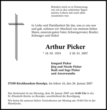 Traueranzeige von Arthur Picker von Tageszeitung