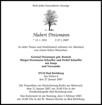 Traueranzeige von Hubert Dreismann von Tageszeitung