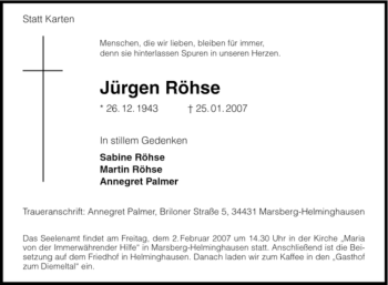 Traueranzeige von Jürgen Röhse von Tageszeitung