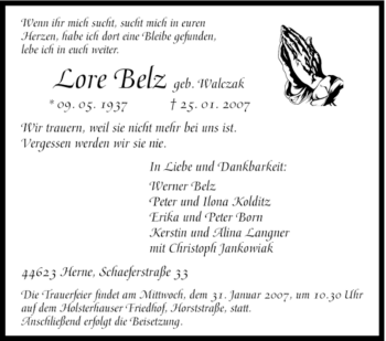 Traueranzeige von Lore Belz von Tageszeitung