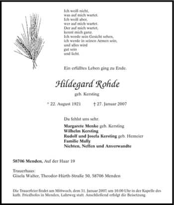 Traueranzeige von Hildegard Rohde von Tageszeitung