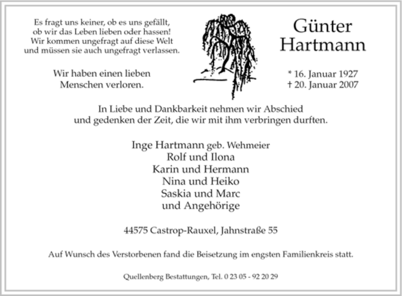  Traueranzeige für Günter Hartmann vom 29.01.2007 aus Tageszeitung