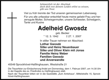 Traueranzeige von Adelheid Gwosdz von Tageszeitung
