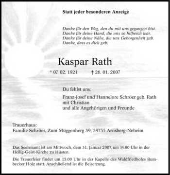 Traueranzeige von Kaspar Rath von Tageszeitung
