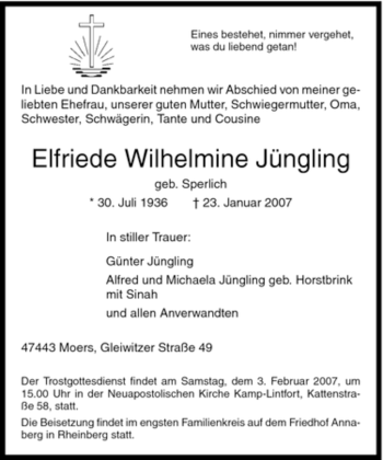 Traueranzeige von Elfriede Wilhelmine Jüngling von Tageszeitung