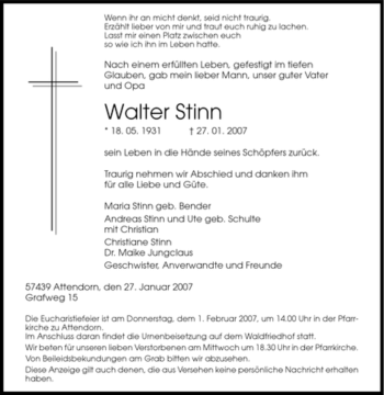 Traueranzeige von Walter Stinn von Tageszeitung