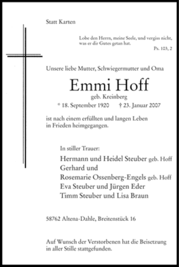 Traueranzeige von Emmi Hoff von Tageszeitung