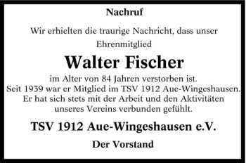 Traueranzeige von Walter Fischer von Tageszeitung