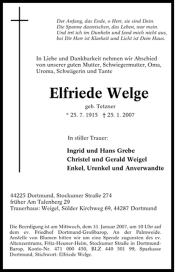 Traueranzeige von Elfriede Welge von Tageszeitung