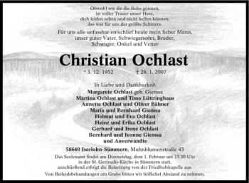 Traueranzeige von Christian Ochlast von Tageszeitung