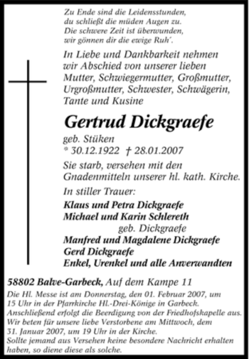 Traueranzeige von Gertrud Dickgraefe von Tageszeitung